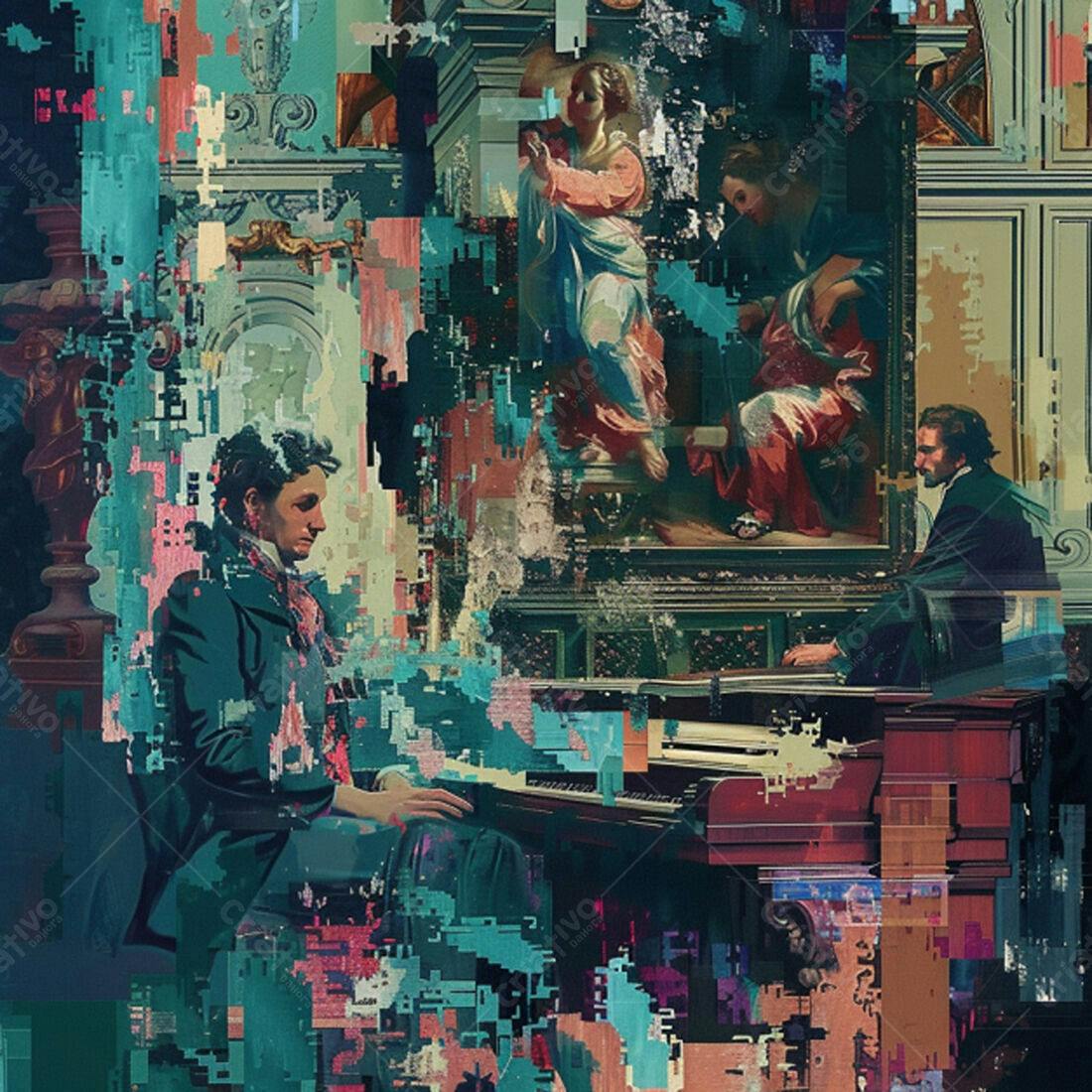 Homem tocando piano em ambiente clássico com glitch art
