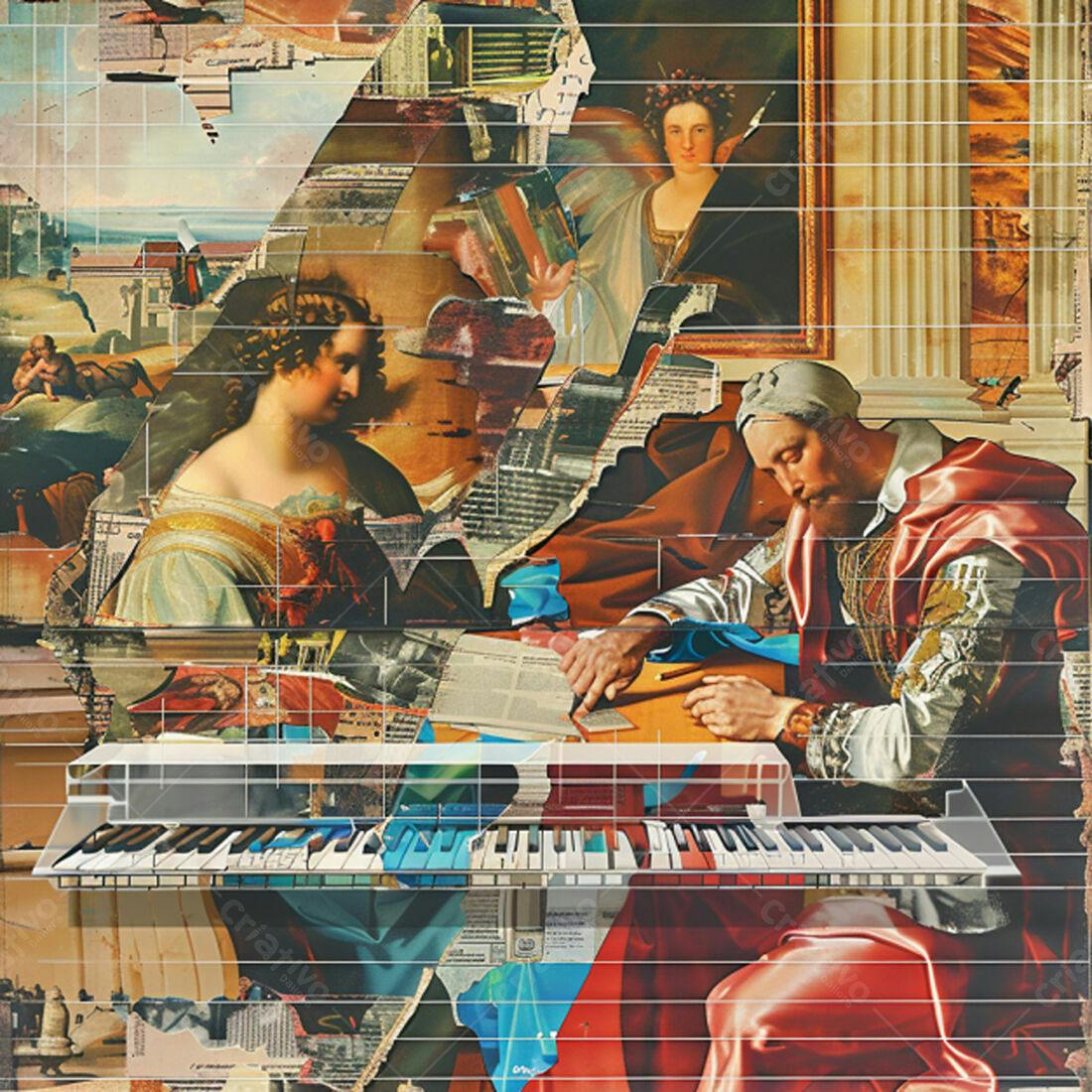 Collage de pinturas clássicas com teclado moderno