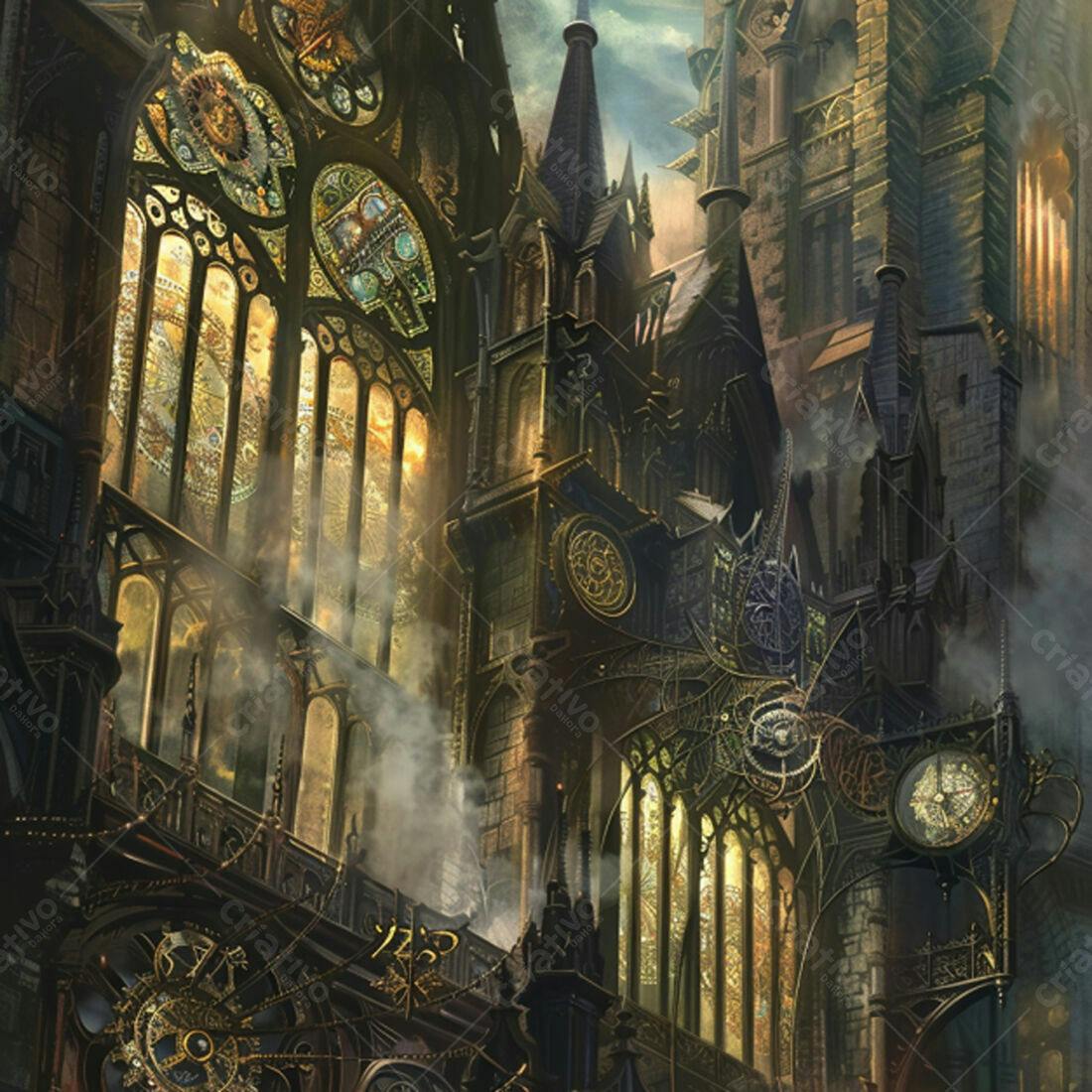 Edifício Gótico Steampunk com Relógios