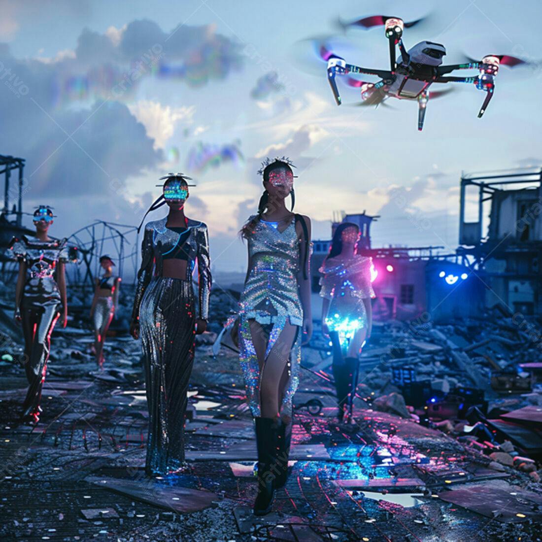 Modelos futuristas em desfile pós-apocalíptico