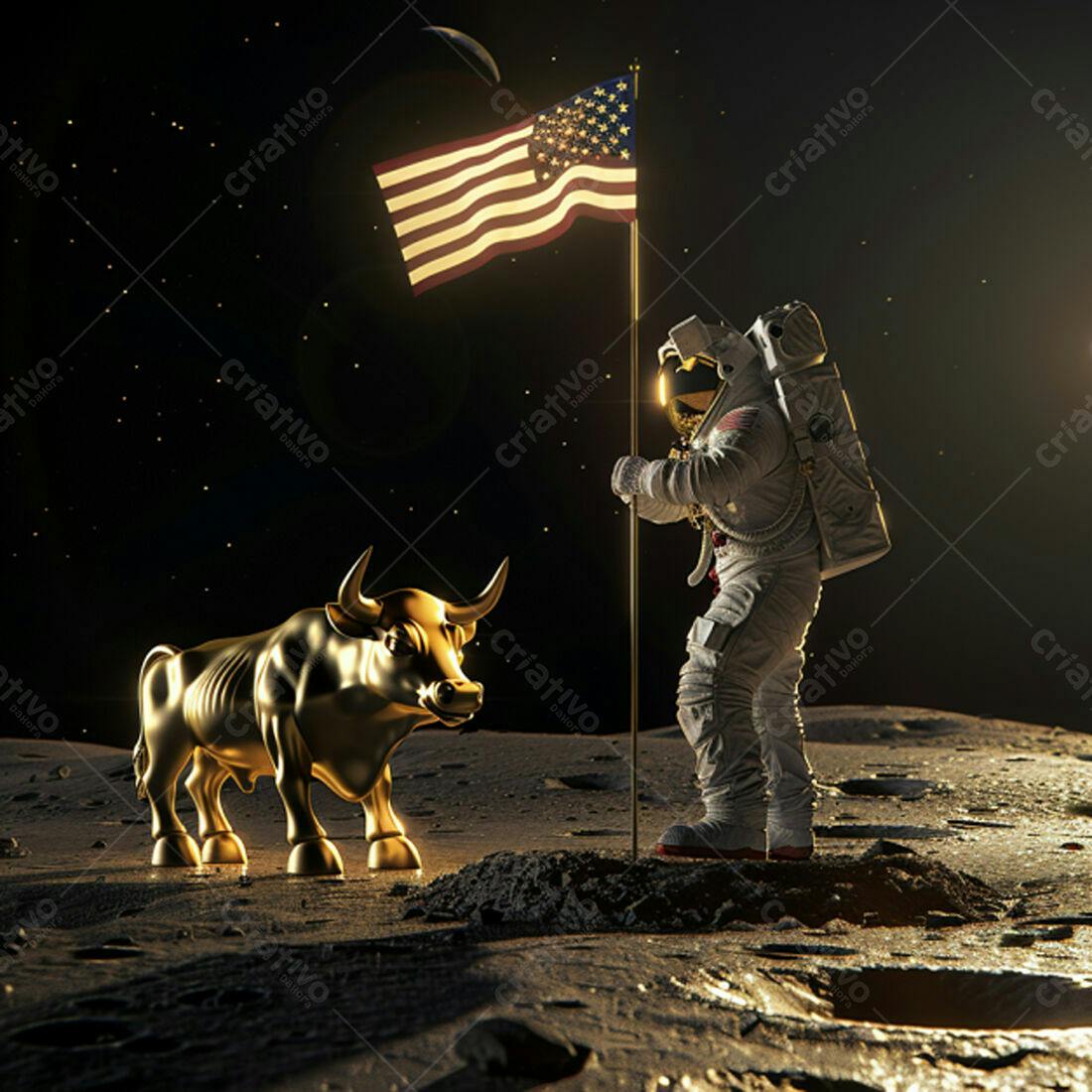 Touro dourado na Lua com astronauta e bandeira EUA