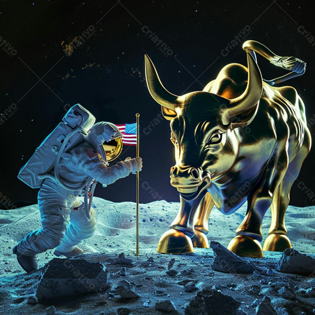 Astronauta plantando bandeira EUA perto touro dourado na Lua