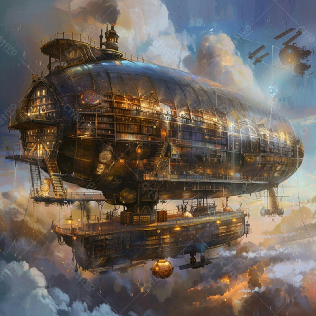 Nave aérea steampunk voando sobre as nuvens