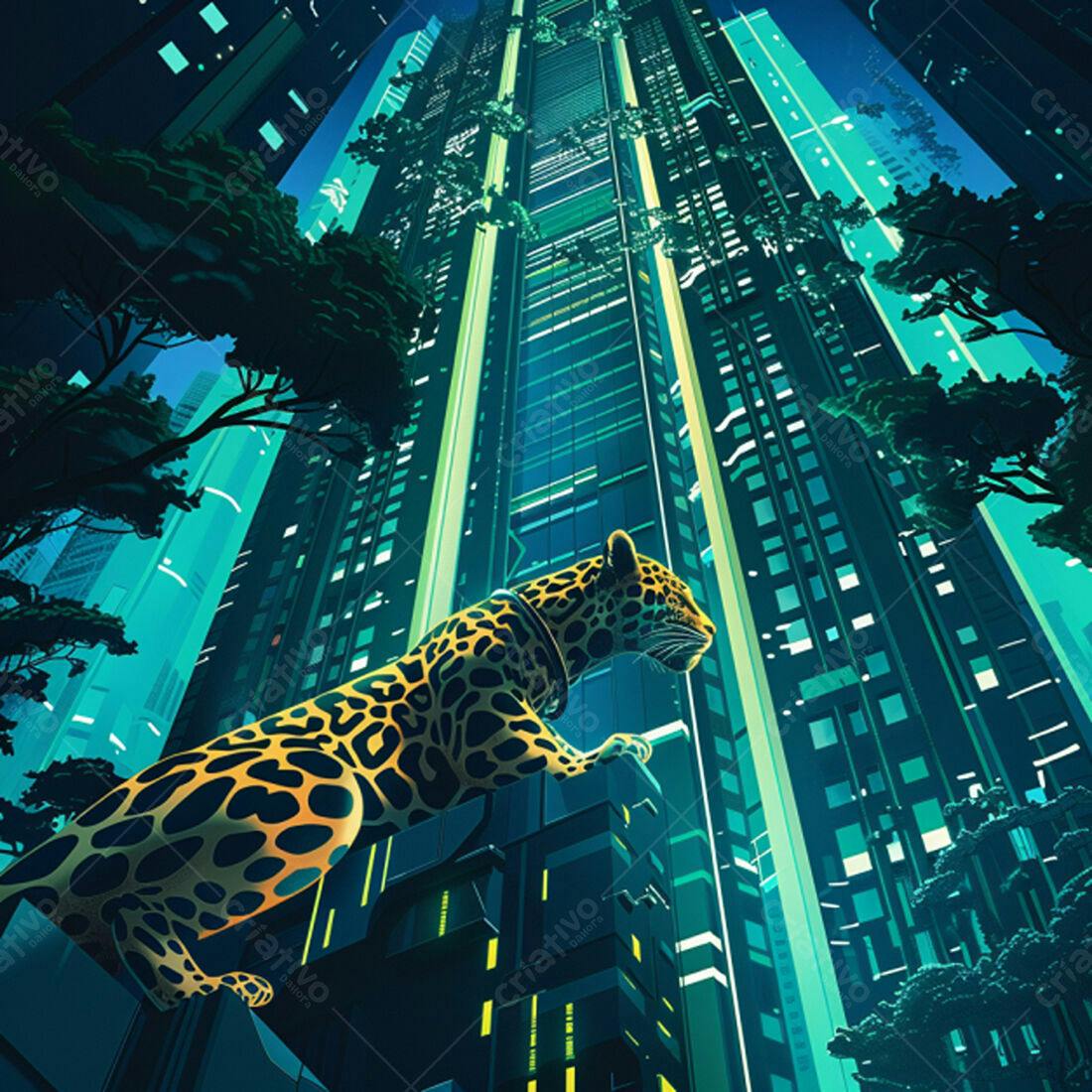 Jaguar em cidade futurista noturna