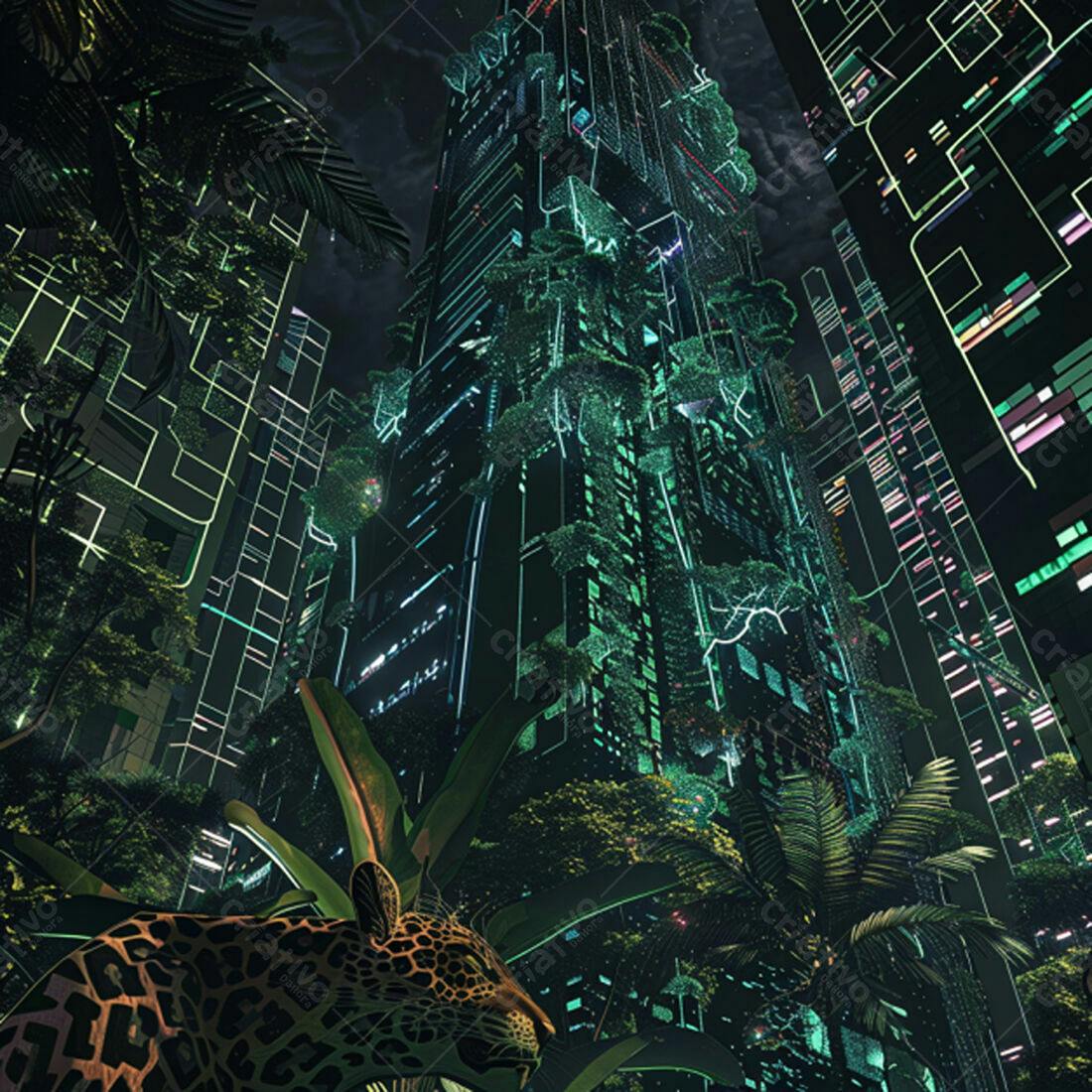 Jaguatirica em Cidade Verde Neon Noturna