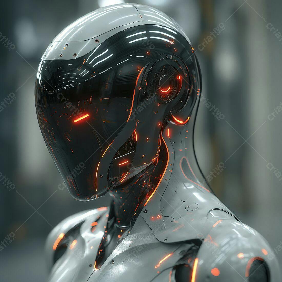 Robô futurista com detalhes em laranja e branco