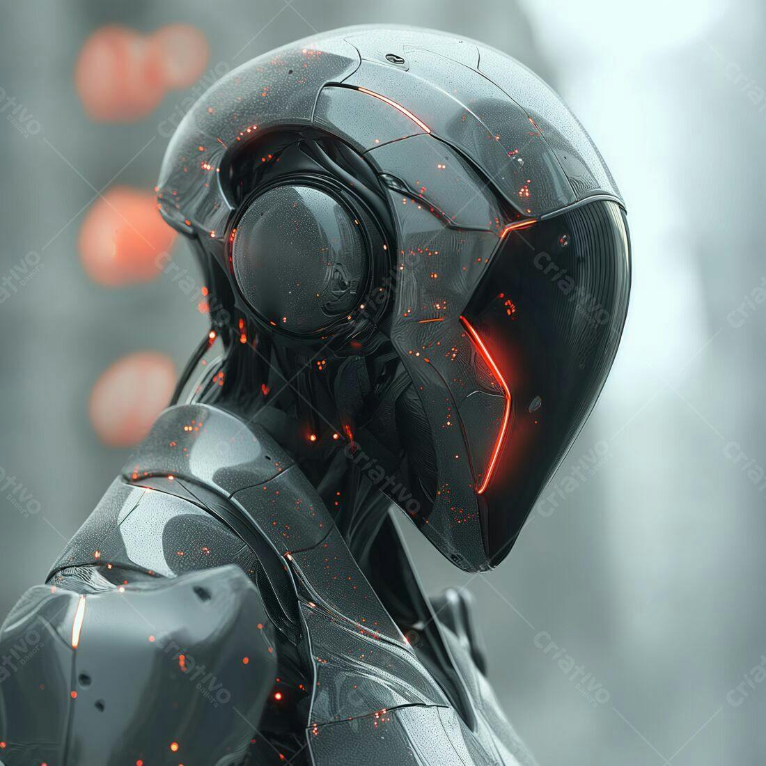 Robô futurista em tons escuros com detalhes em laranja