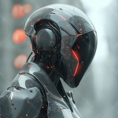 Sleek cyborg sentinel reflective armor and singular red eye