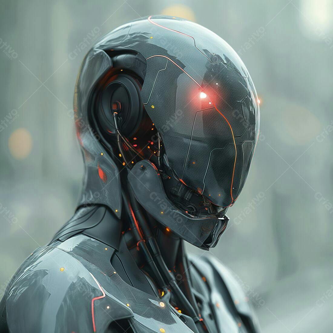 Robô futurista com capacete escuro e detalhes laranja