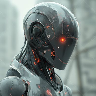 Sleek cyborg sentinel reflective armor and singular red eye