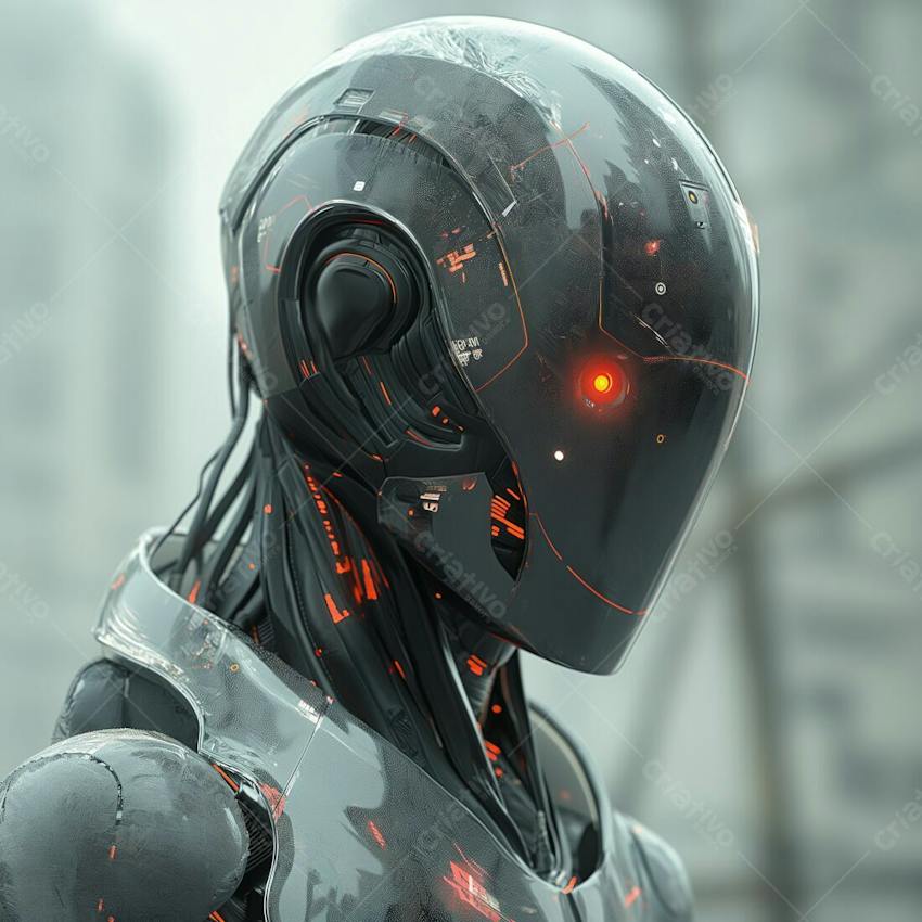 Sentient Cyborgs Sleek, cyborg, sentinel, reflective armor, singular, red eye ...