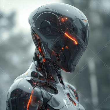 Sleek cyborg sentinel reflective armor and singular red eye