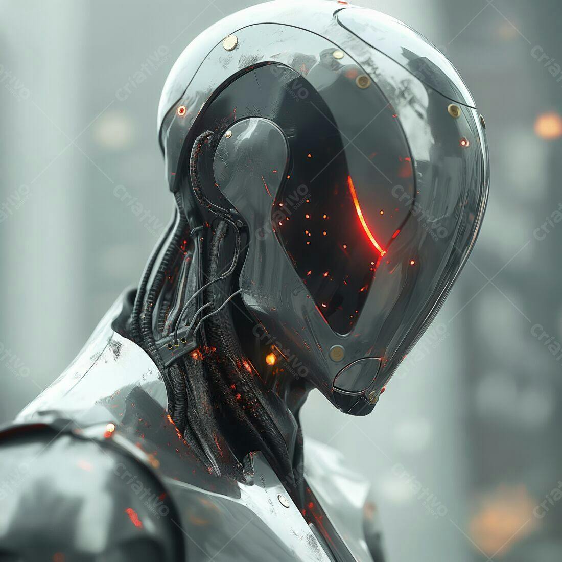 Robô futurista metálico com detalhes em vermelho