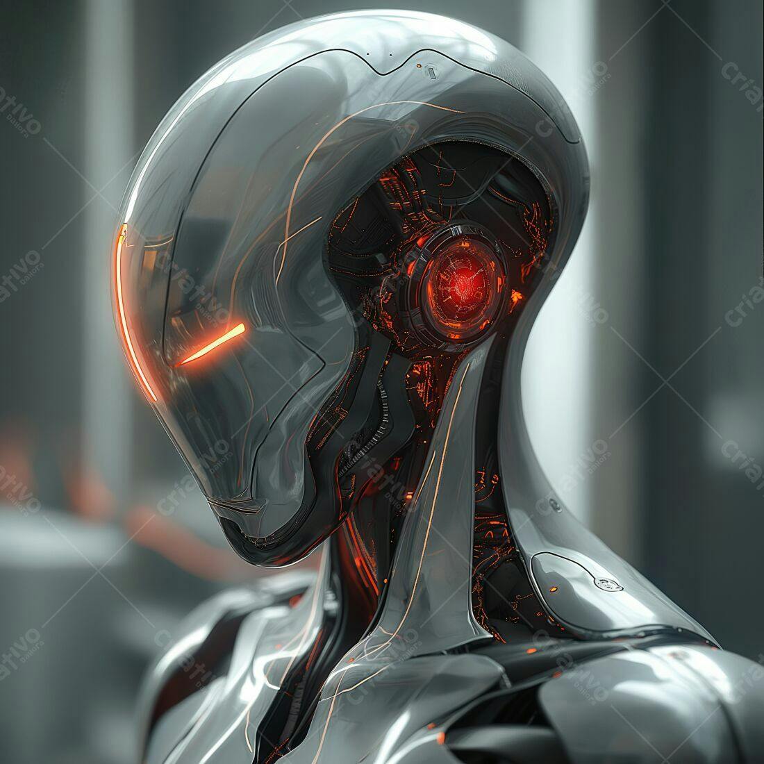 Robô futurista metálico com detalhes laranja
