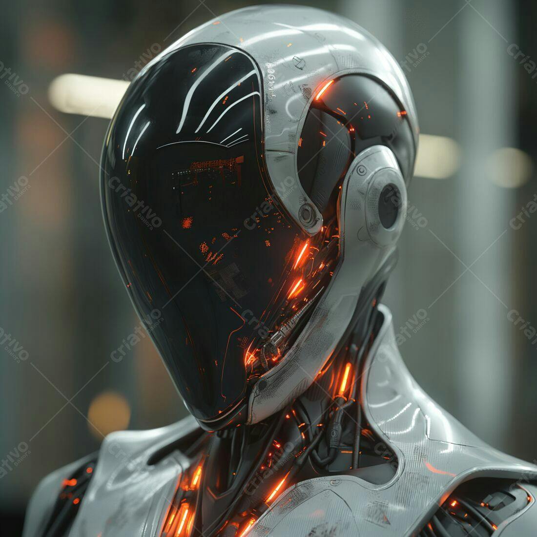 Robô futurista com detalhes em laranja e branco