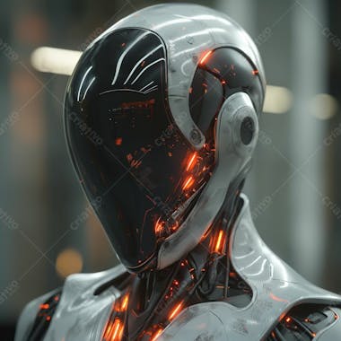 Sleek cyborg sentinel reflective armor and singular red eye