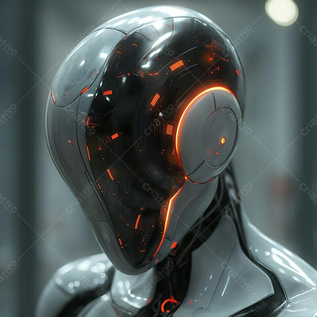 Robô futurista com capacete branco e detalhes laranja