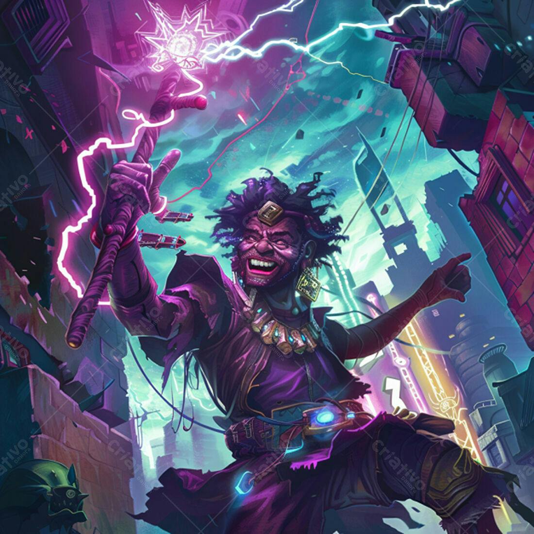 Mago Afro futurista em cenário cyberpunk
