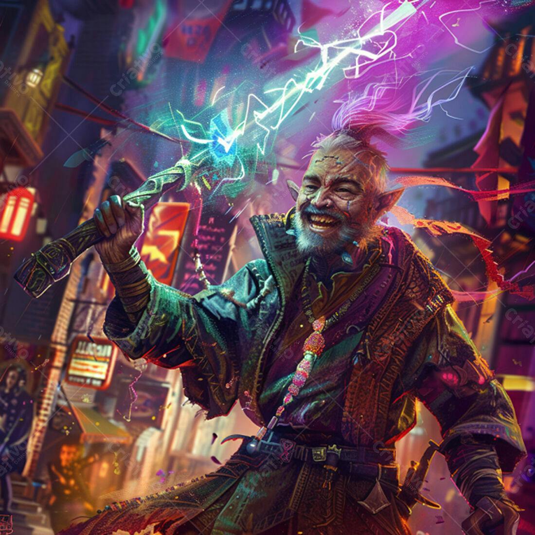 Mago Asiático Idoso com Varinha Mágica em Cidade Neon