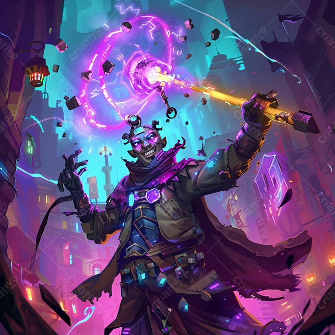 Mago lançando magia em cidade futurista