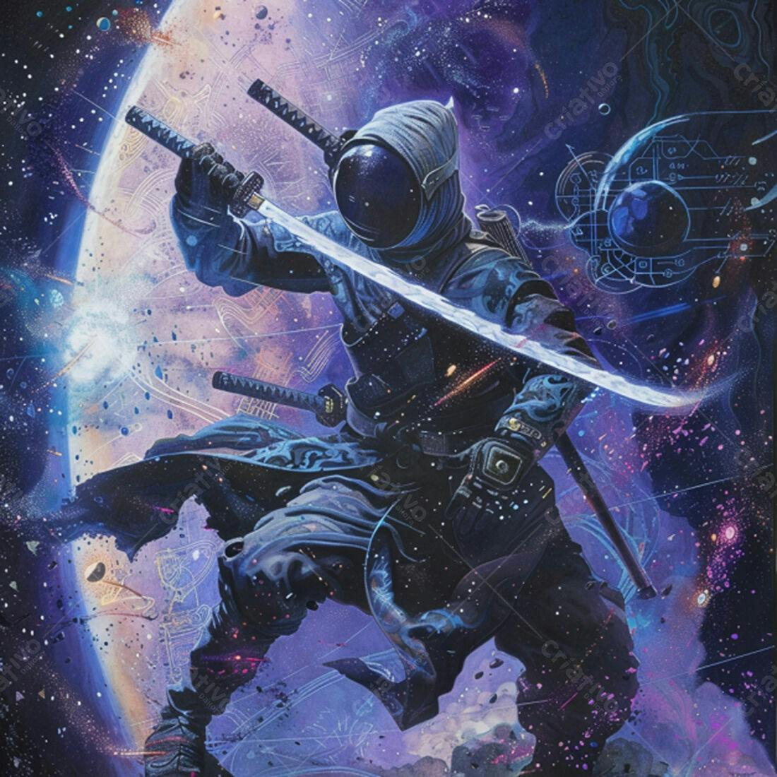 Samurai Espacial em Cores Violeta e Azul