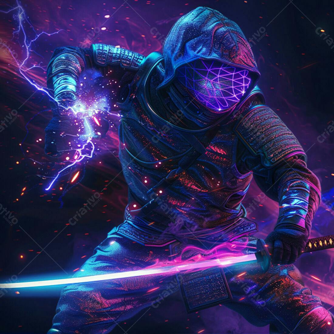 Ninja futurista com espada neon