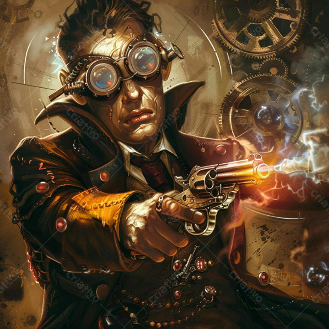 Cientista steampunk com revólver elétrico