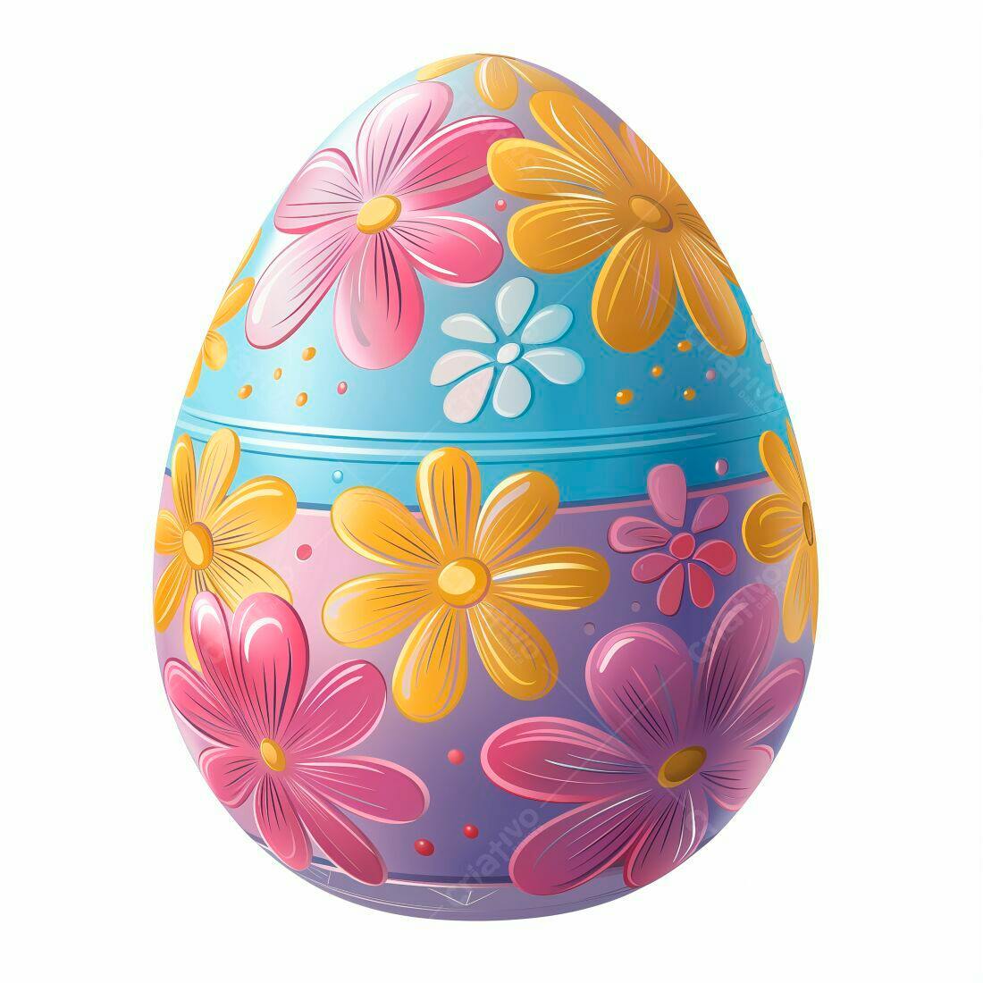 Ovo de Páscoa decorado com flores azuis roxas e amarelas