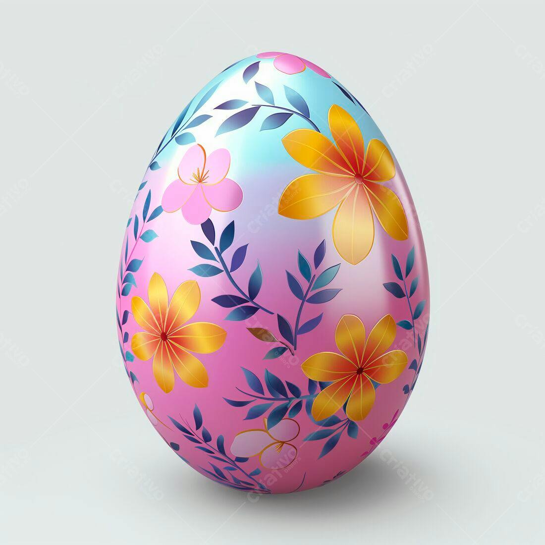 Ovo de Páscoa decorado com flores rosa e amarelo