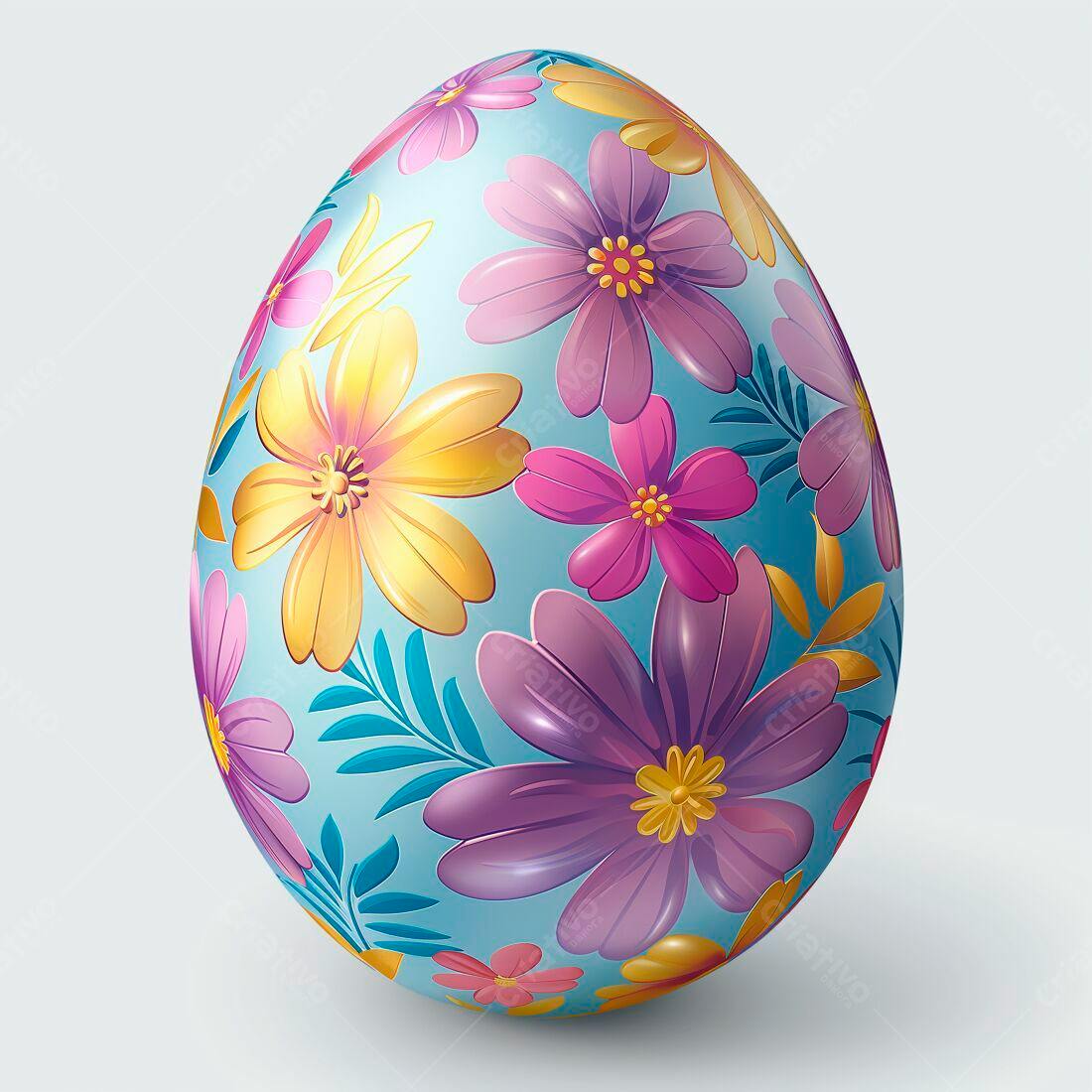 Ovo de Páscoa decorado com flores azuis amarelas e roxas
