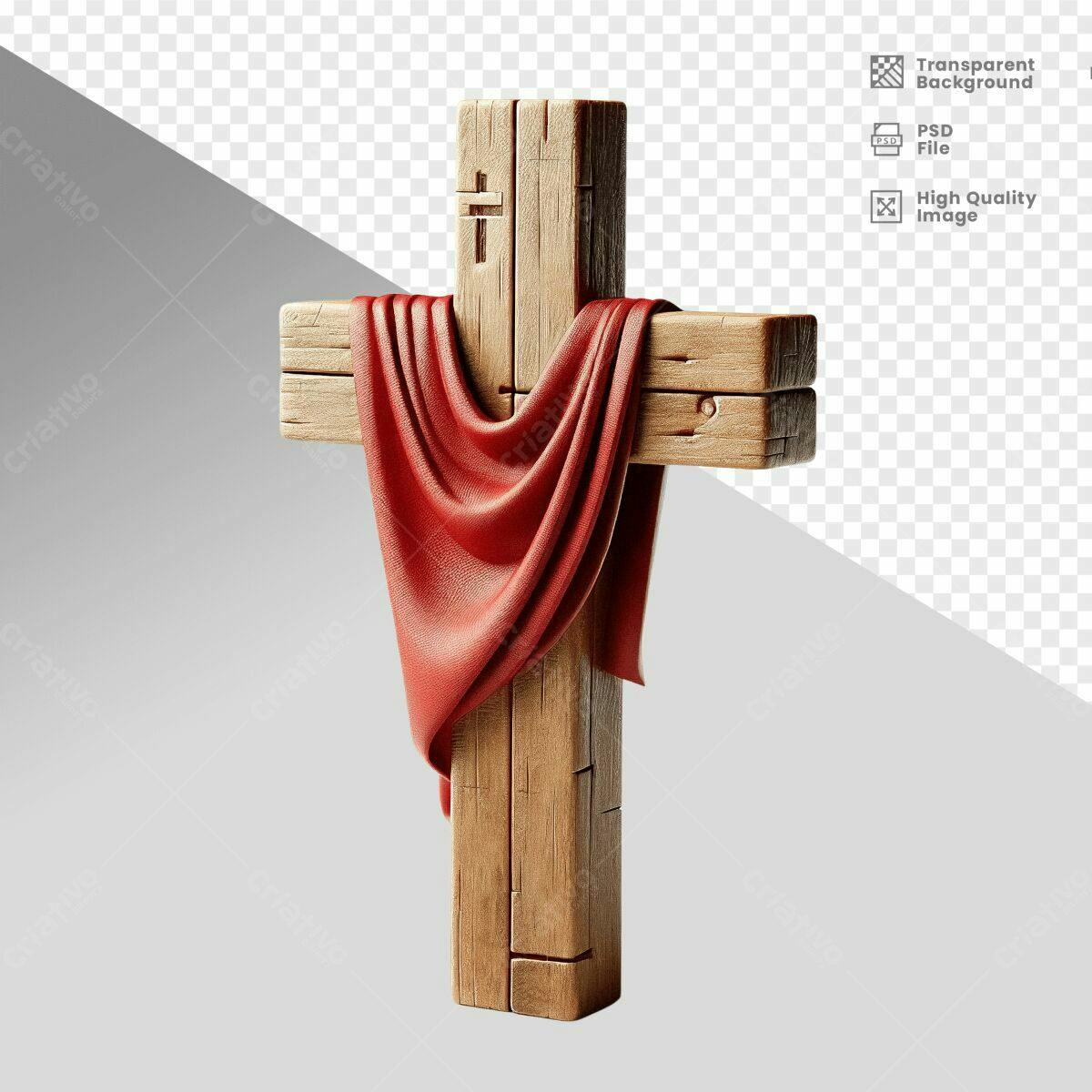 Cruz de Madeira com Tecido Vermelho PSD Editável