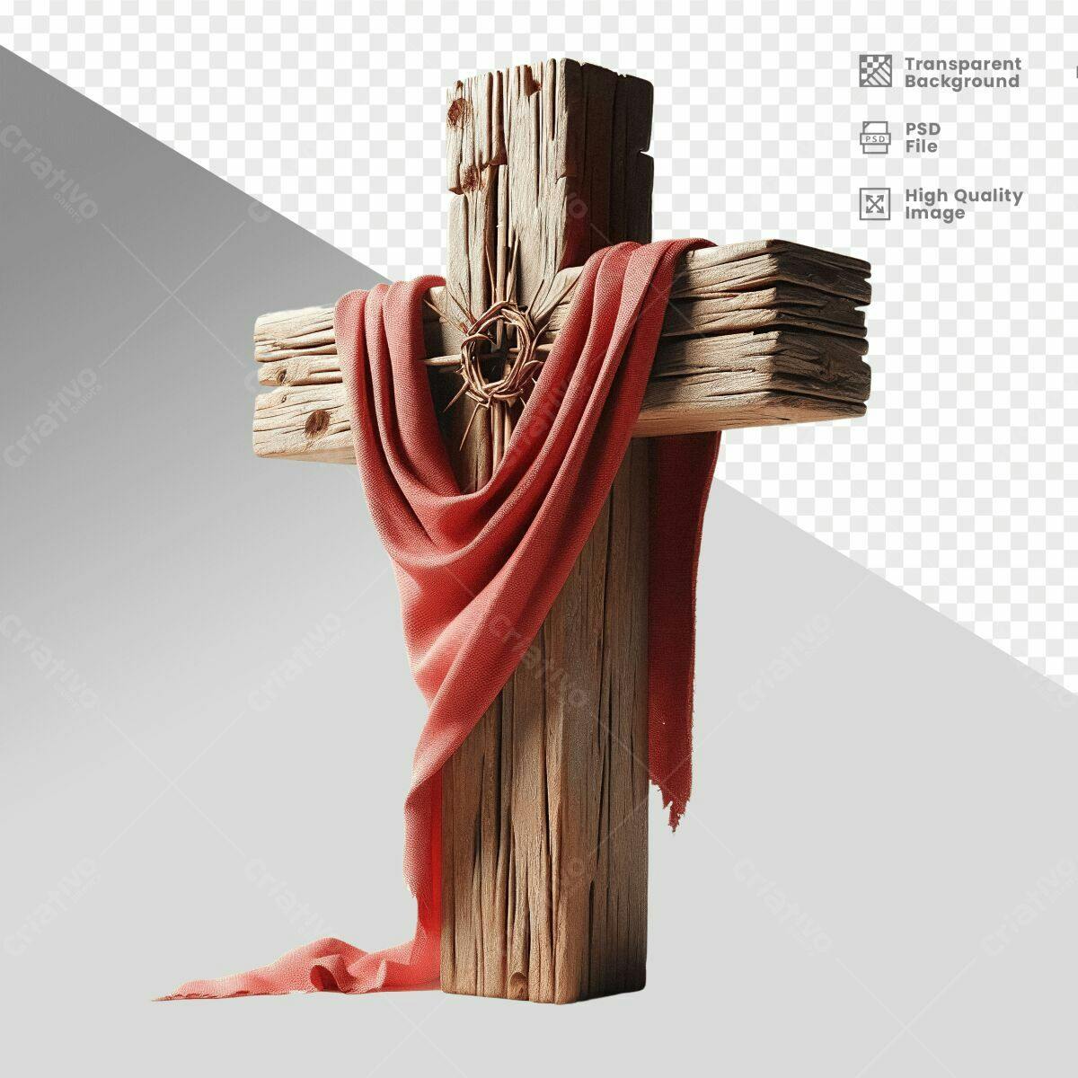 Imagem de Cruz de Madeira com Tecido Vermelho PSD Editável
