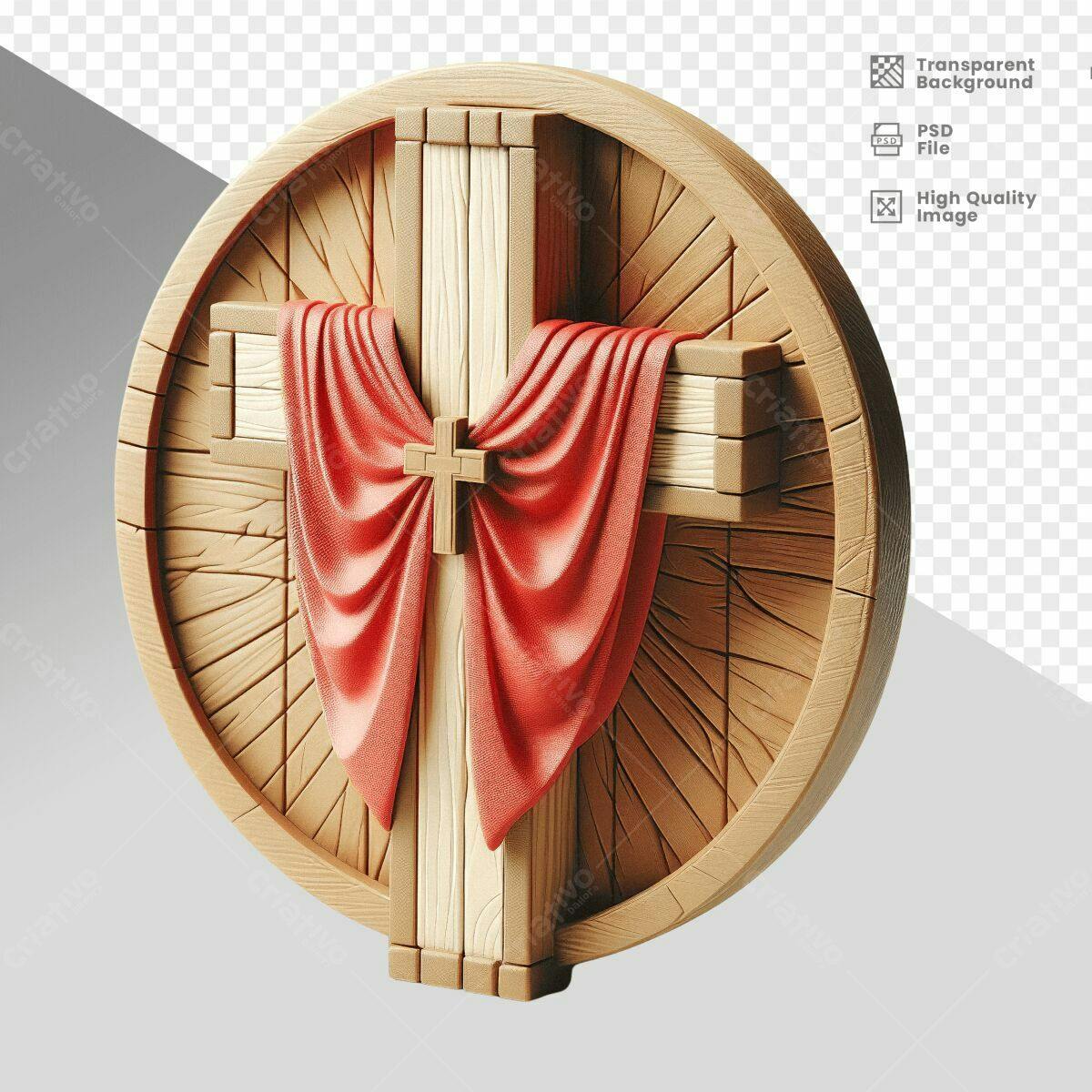 Ícone Cruz Madeira e Tecido Vermelho PSD Editável