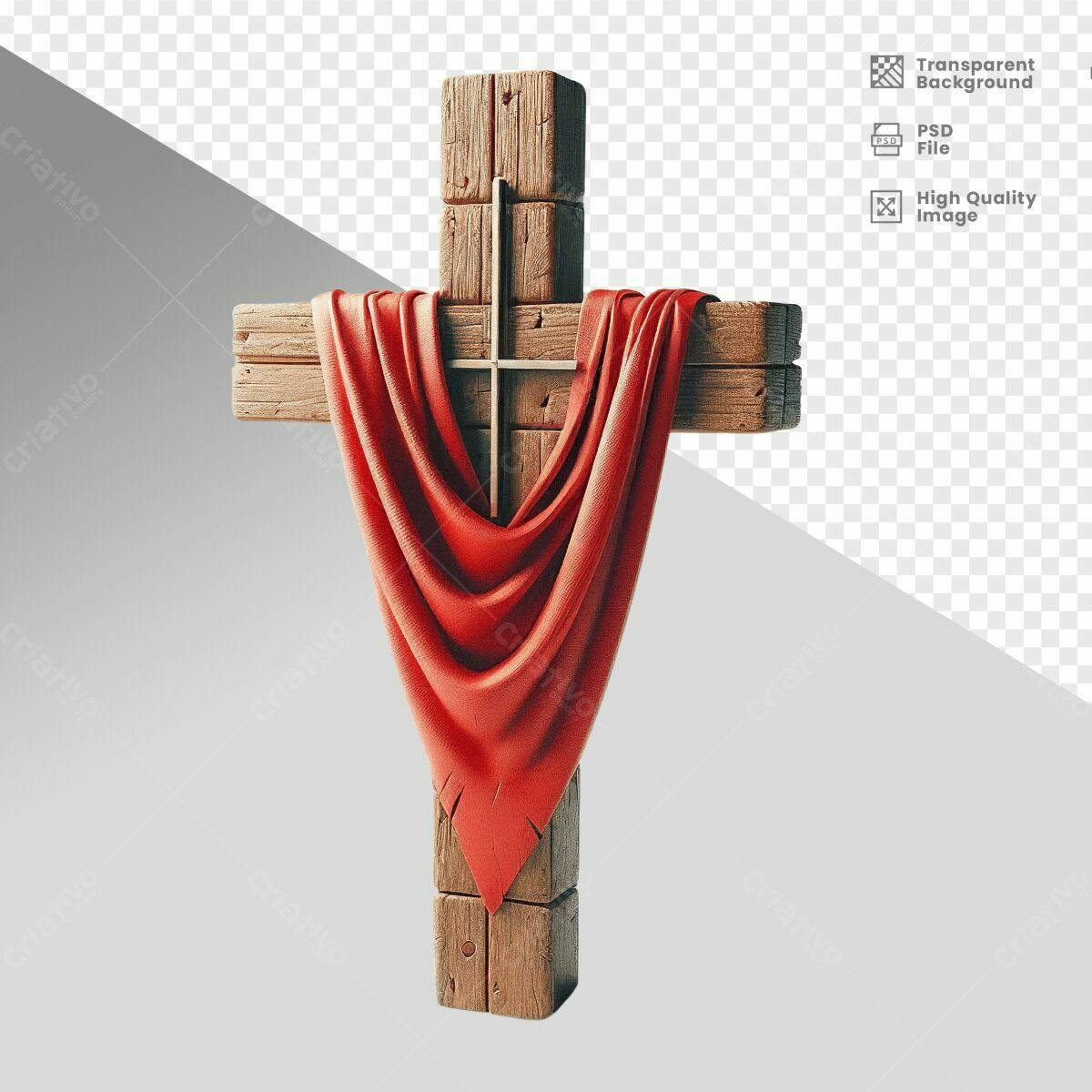 Imagem Cruz de Madeira com Tecido Vermelho PSD Editável