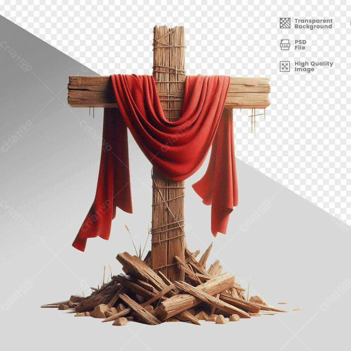 Cruz de Madeira com Tecido Vermelho PSD Editável