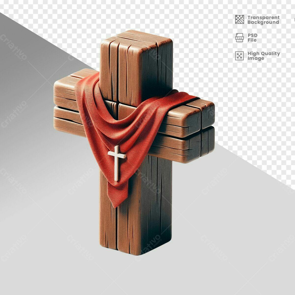 Cruz de Madeira com Tecido Vermelho PSD Editável