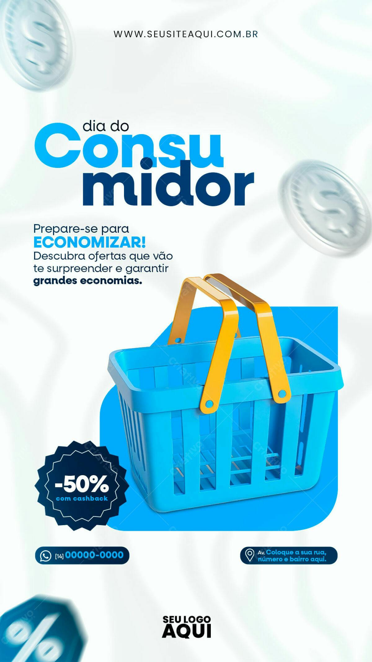 Flyer Dia do Consumidor com cesta de compras PSD