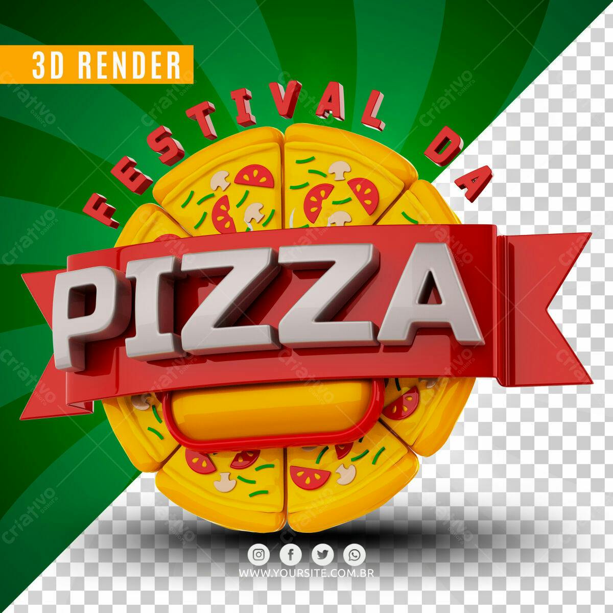 Selo 3D promocional pizza vermelho e amarelo