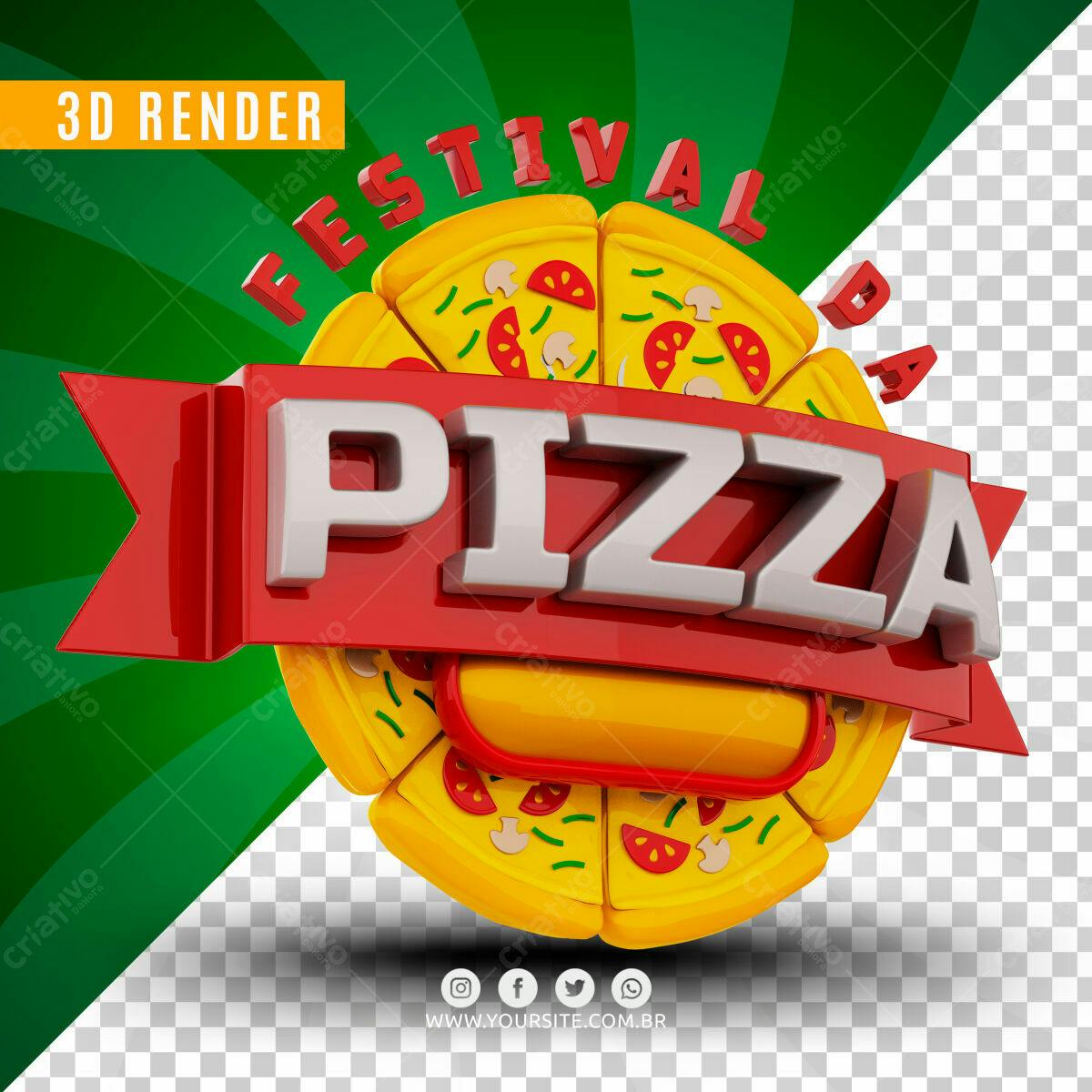 Selo 3D promocional festival pizza vermelho e amarelo