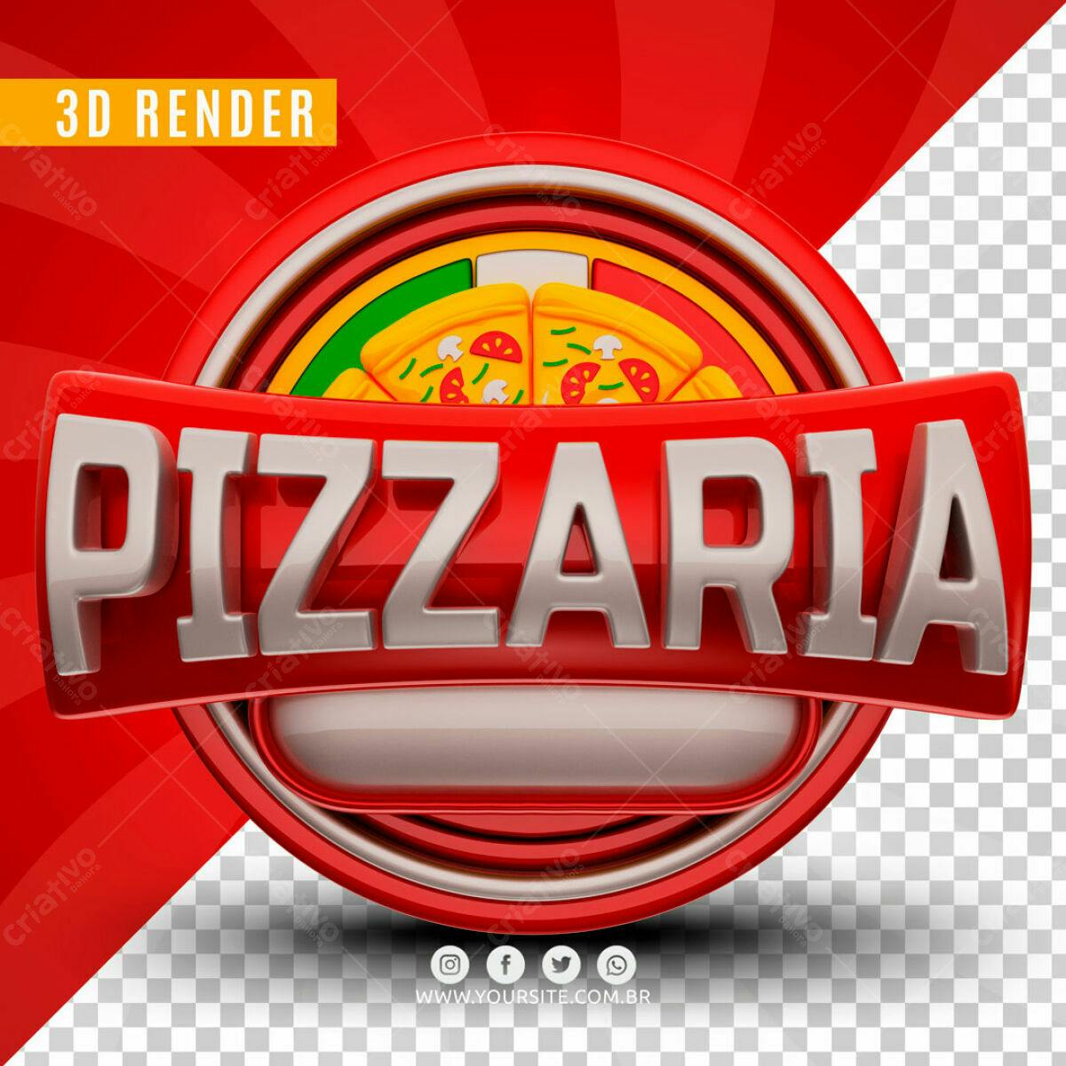 Selo 3D Pizzaria Vermelho e Prata Brilhante