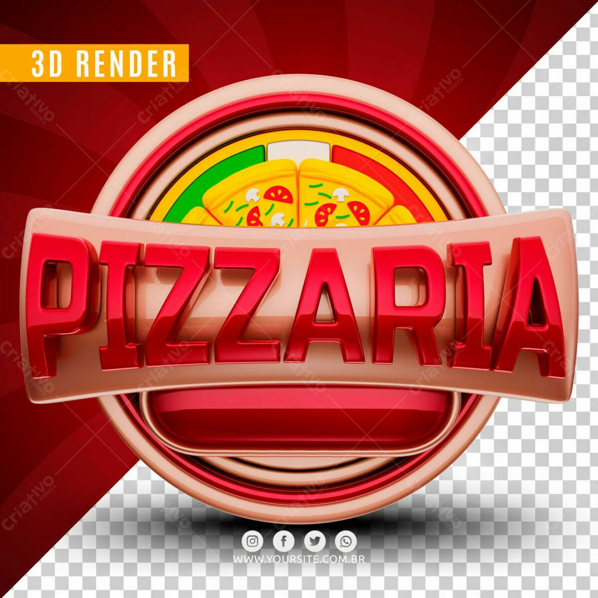 Selo 3D Pizzaria Vermelho e Bege Brilhante