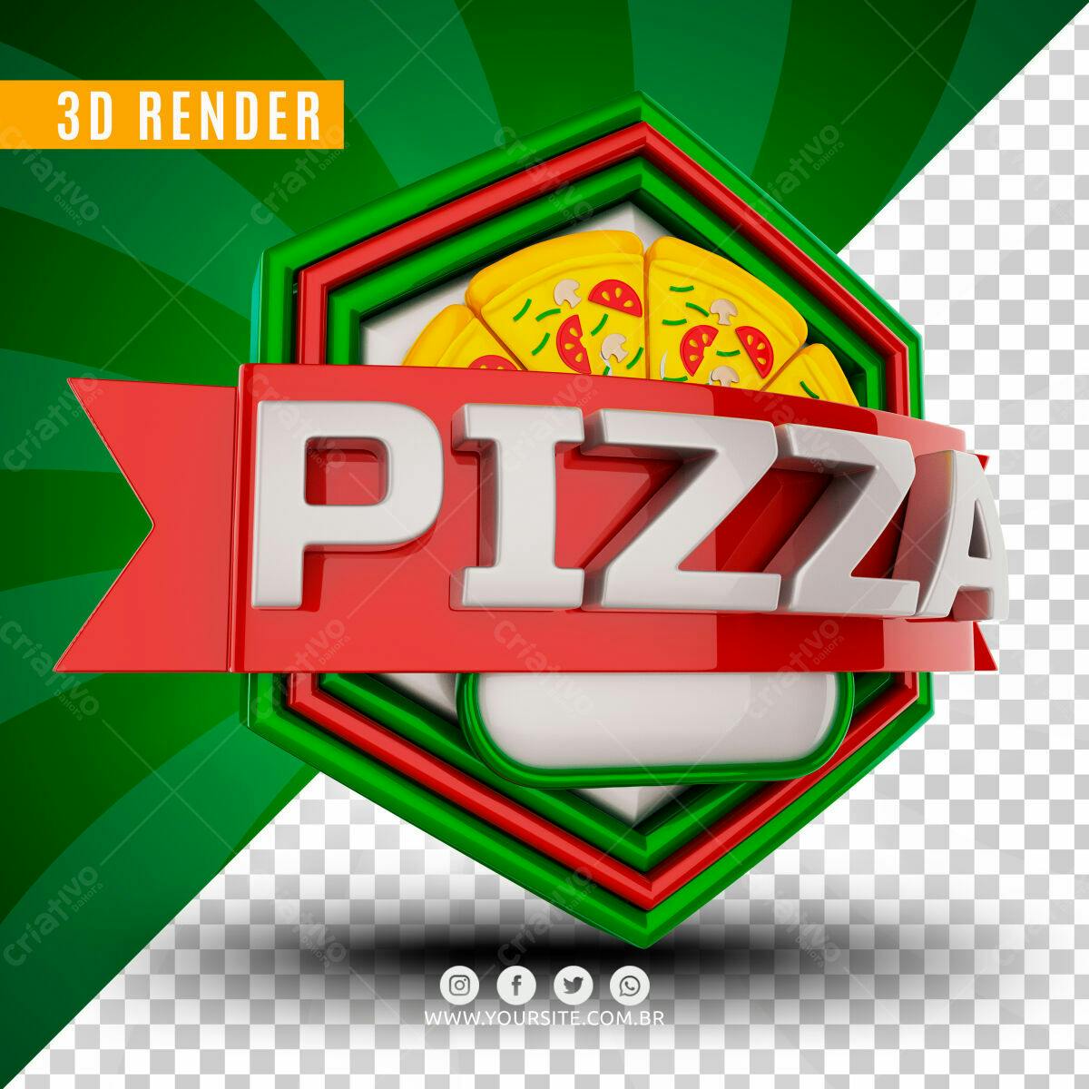 Selo 3D de Pizza 3D vermelho verde e amarelo