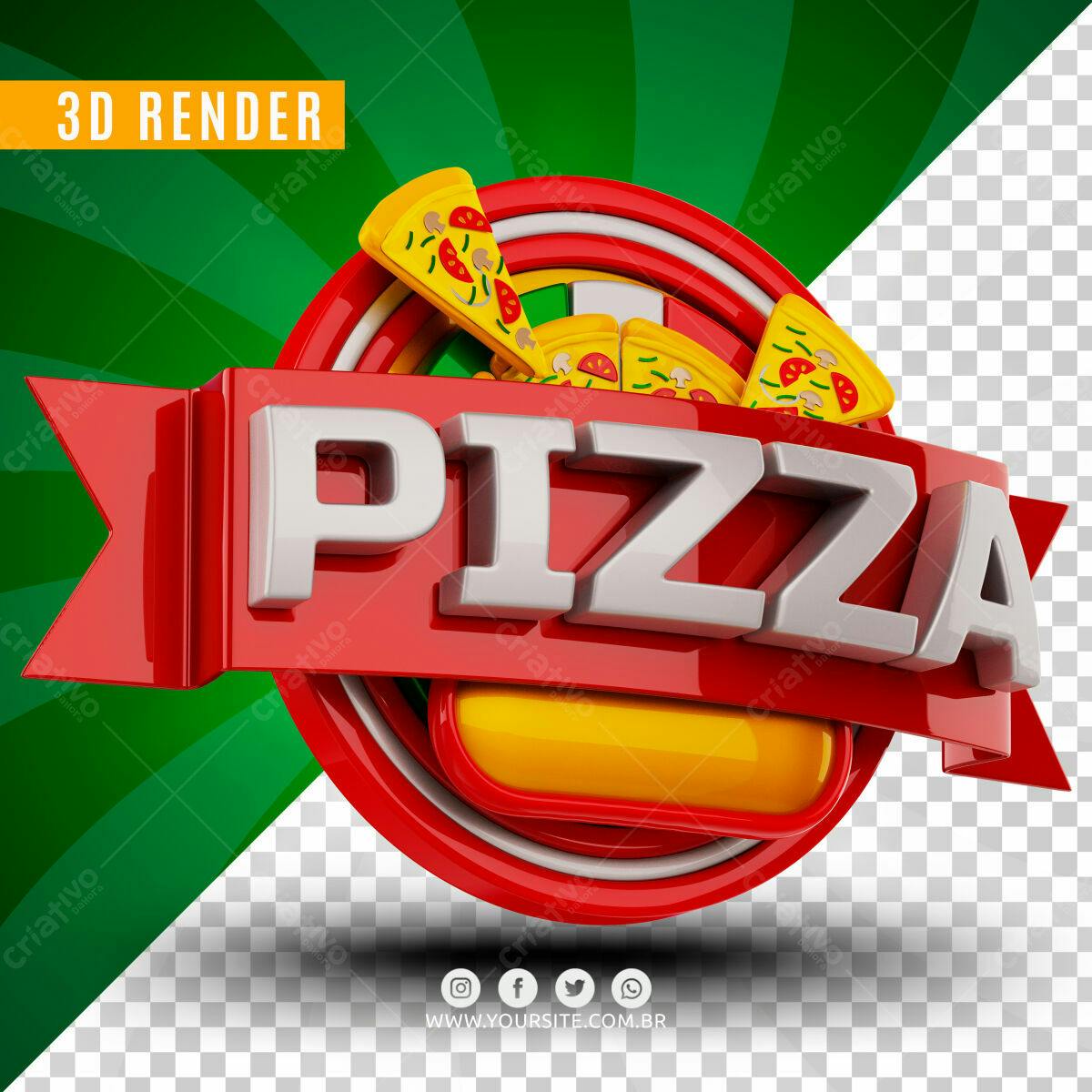 Selo 3D de Pizzaria Vermelho e Amarelo