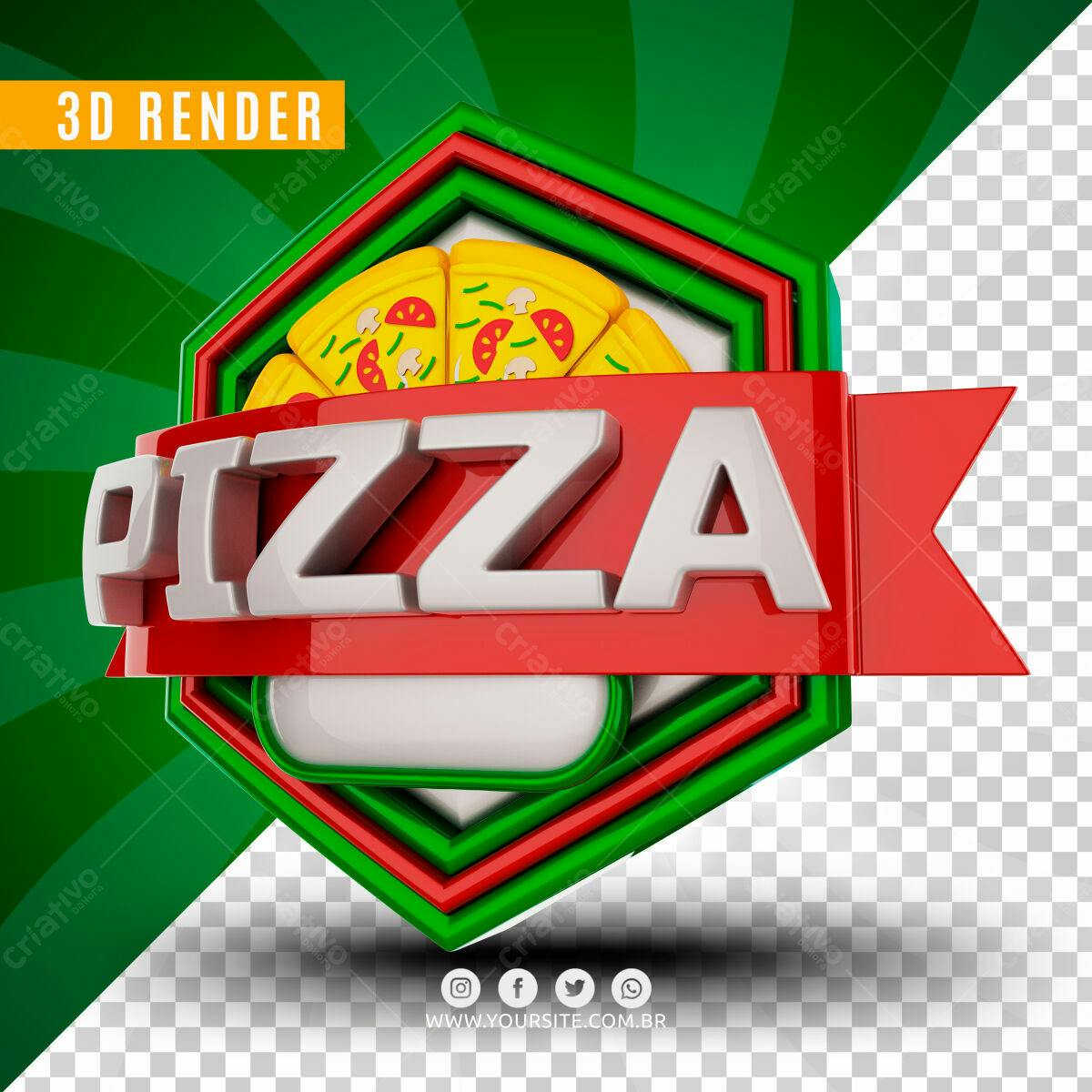 Selo 3D para Pizzaria em Formato Hexagonal Vermelho Verde e Amarelo
