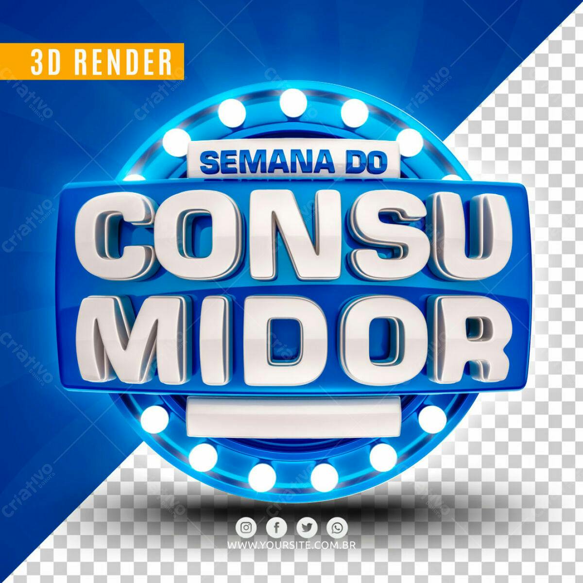Selo 3D promocional azul e branco estilo show de TV