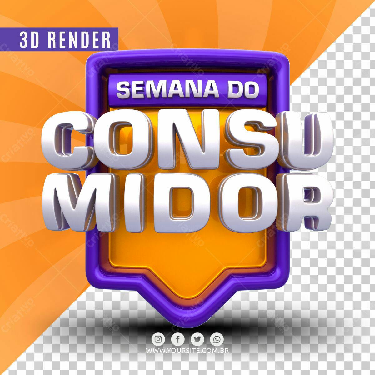 Selo 3D promocional Semana do Consumidor laranja e roxo