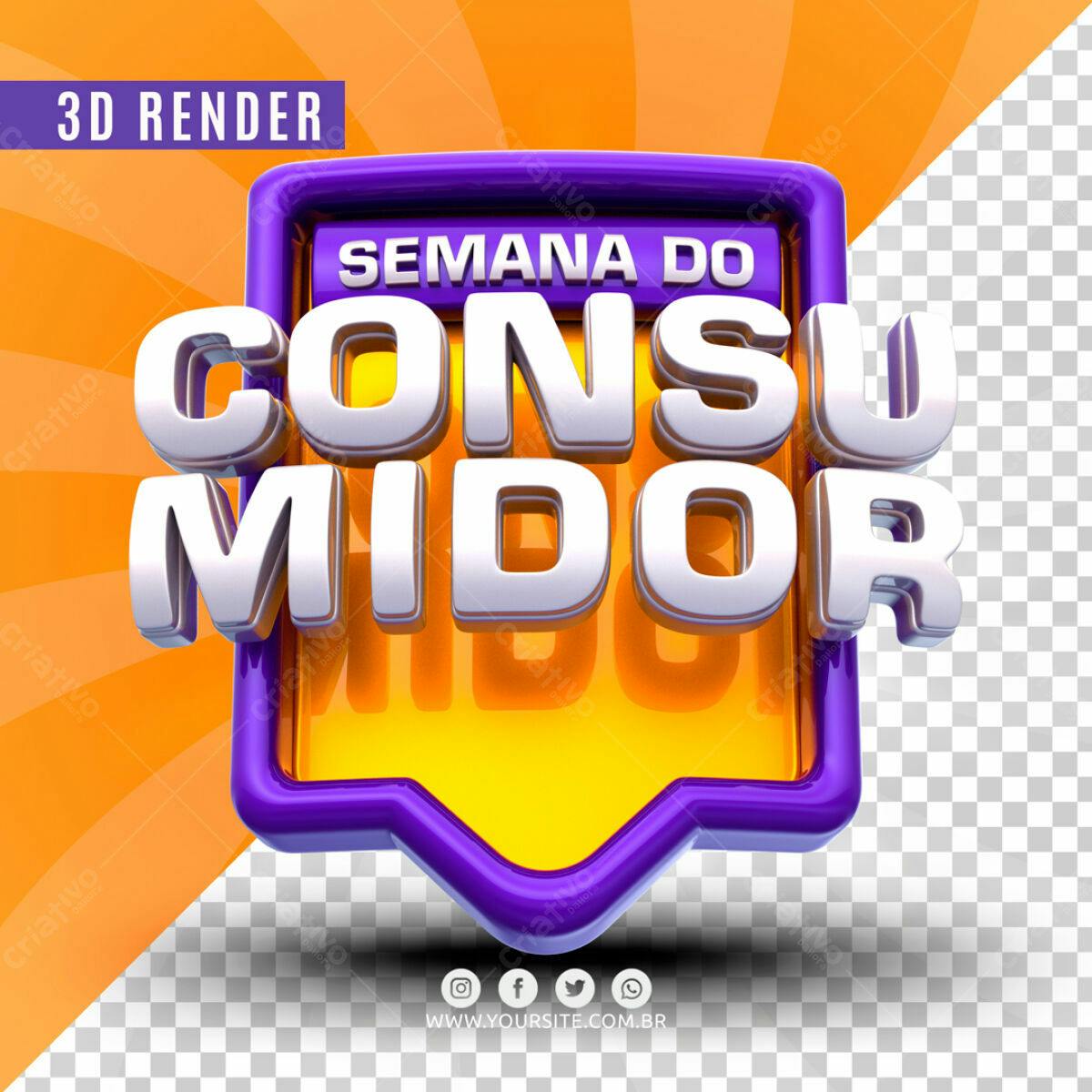 Selo 3D promocional roxo e amarelo