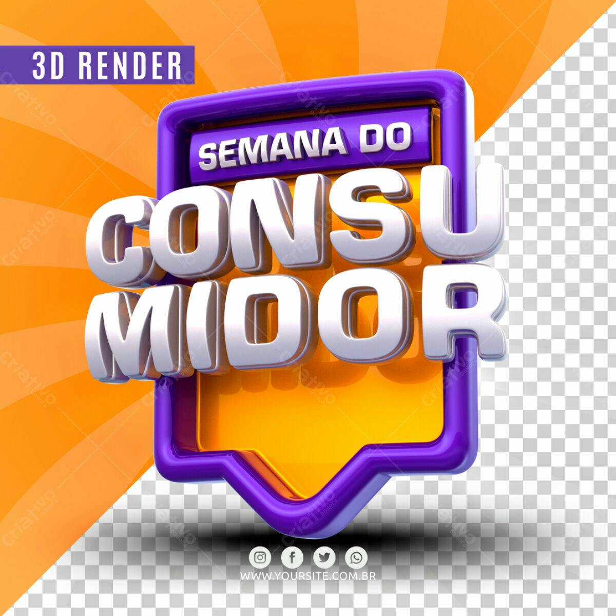 Selo 3D promocional roxa e laranja brilhante