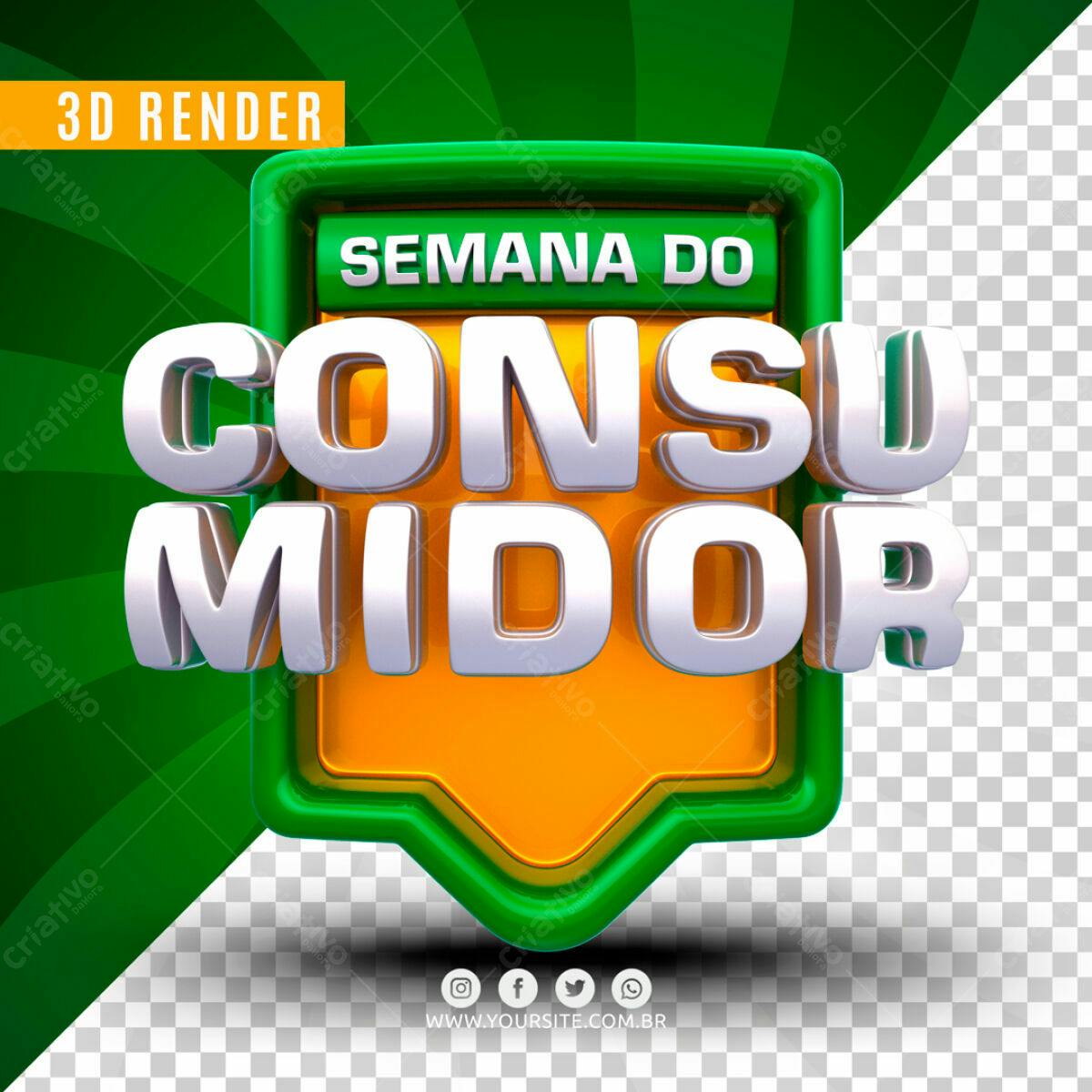 Selo 3D promocional verde e laranja metálico