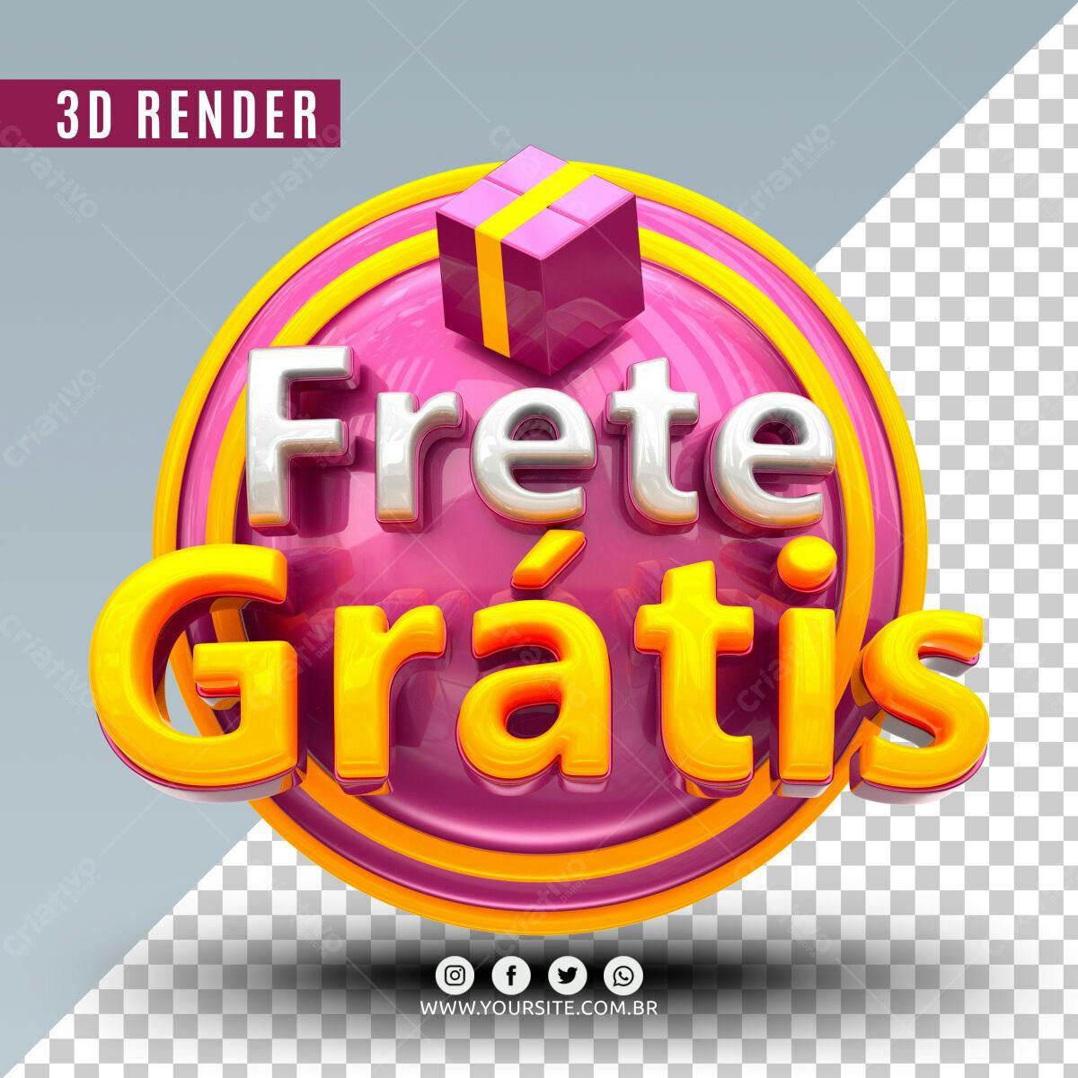 Selo 3D promocional frete grátis rosa e amarelo